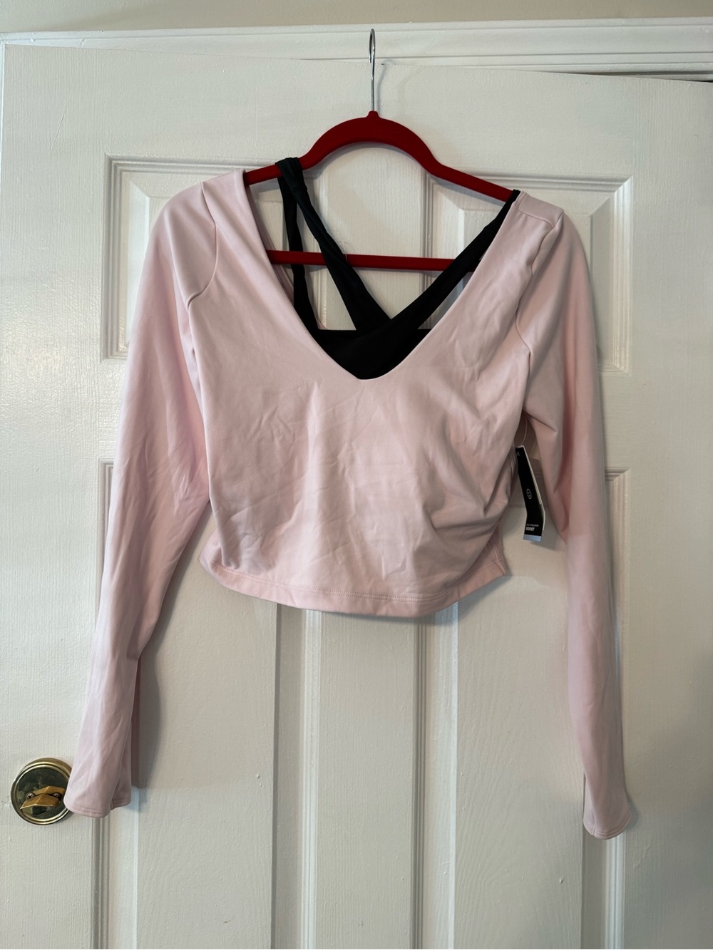 Gilly Hicks Light Pink Cropped Long Sleeve V-Neck Top with Black Strappy Back